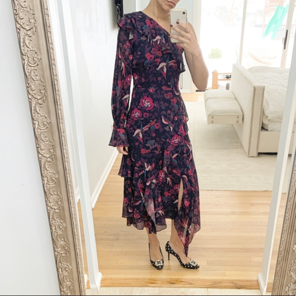 Tanya Taylor Isua Floral Ruffled Silk Midi Dress, Sz 0